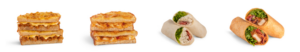 An image of two toasted sandwiches, one with a veggie filling, and two filled wraps available from Costa