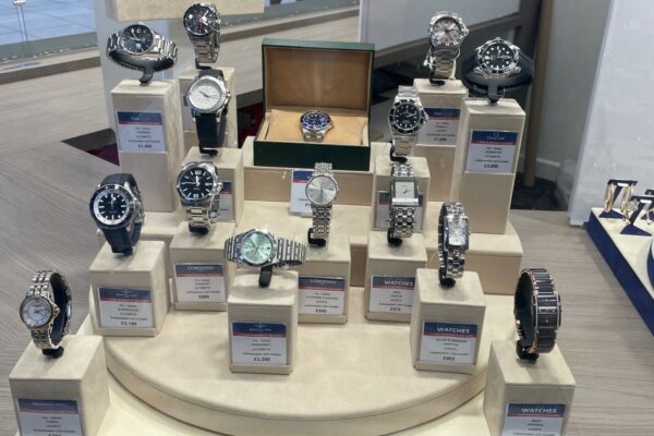 A display of watches inside H&T Pawnbrokers.
